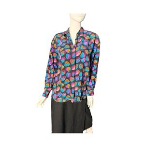 Vintage 80s TRISTAR 100% Silk blouse Leaf Print Button Up‎ Shirt Top L colorful